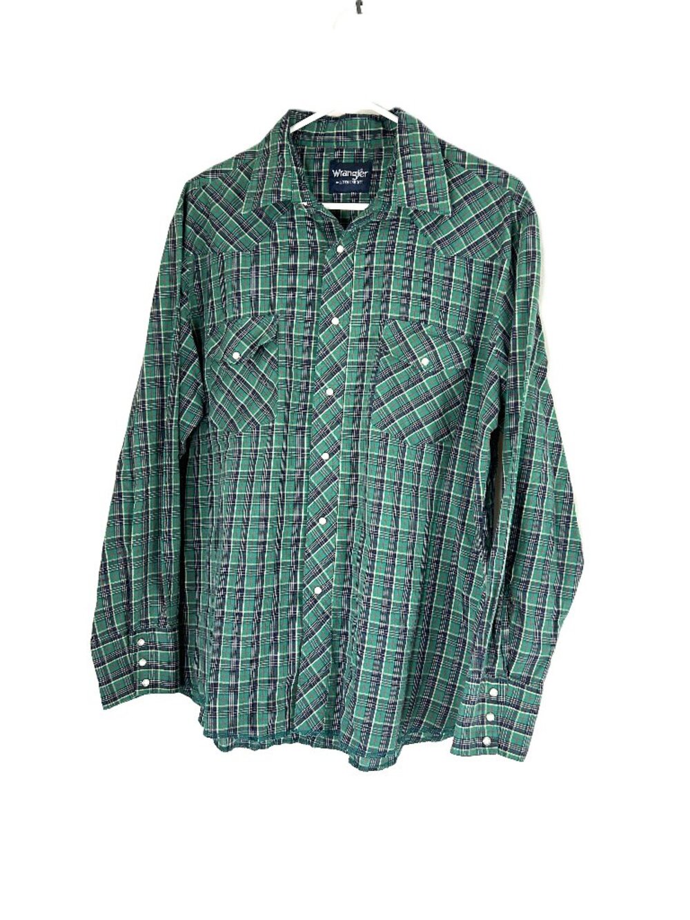 Wrangler Western Shirts Vintage Pearl Snap Plaid Shirt XL Green Blue
